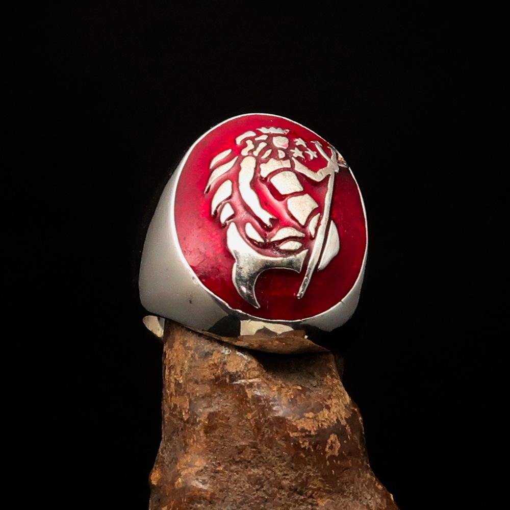 Men's Aquarius Ring in sterling silver with red Zodiac design, showcasing high polish and enamel finish.