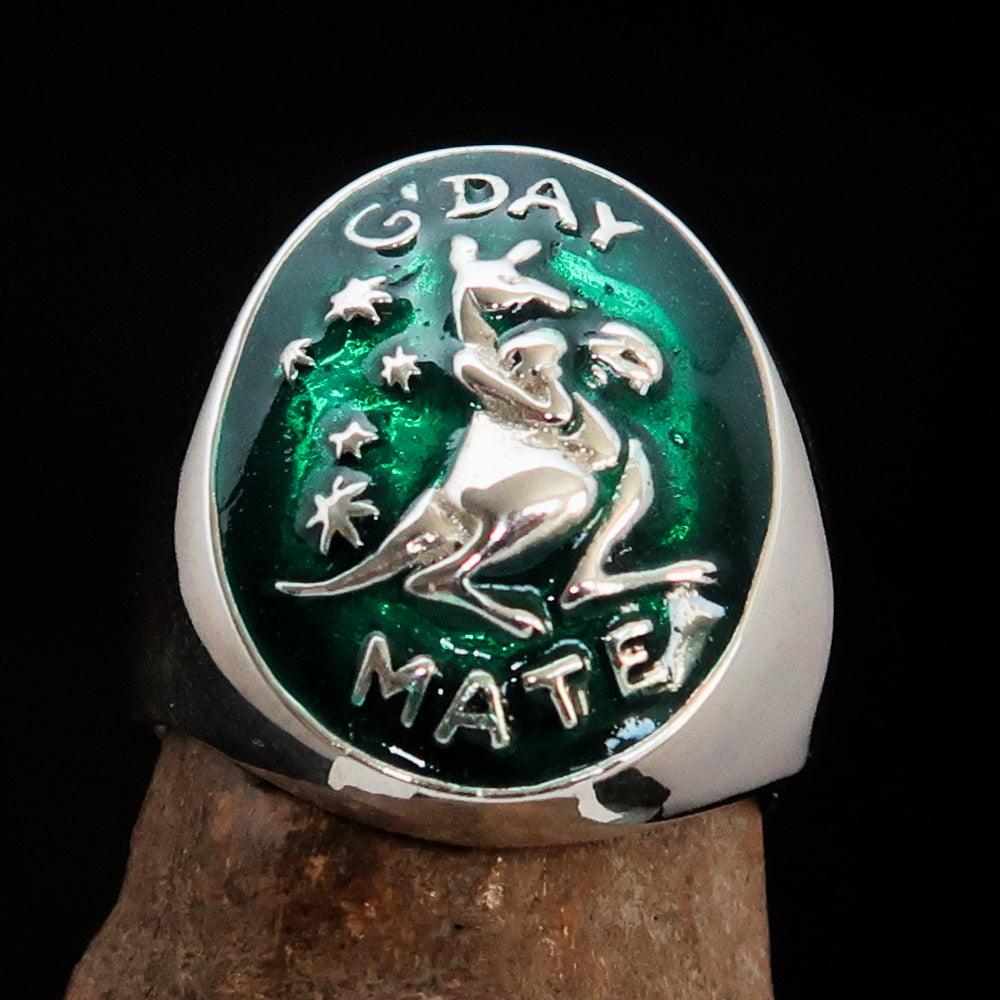 Men's Aussie Ring in Sterling Silver featuring a green boxing Kangaroo design, showcasing intricate craftsmanship and vibrant enamel detailing.