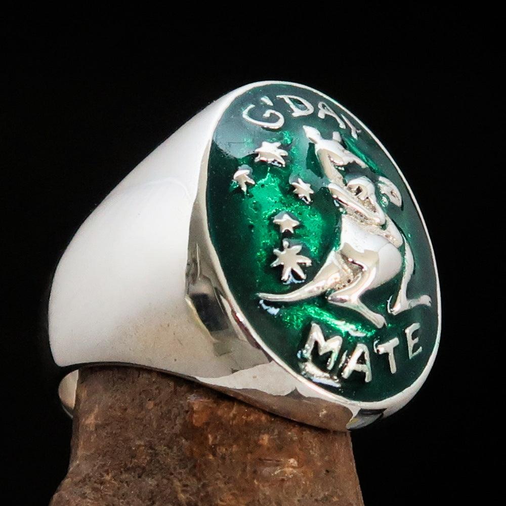 Men's Aussie Ring in Sterling Silver featuring a green boxing Kangaroo design, showcasing intricate craftsmanship and vibrant enamel detailing.