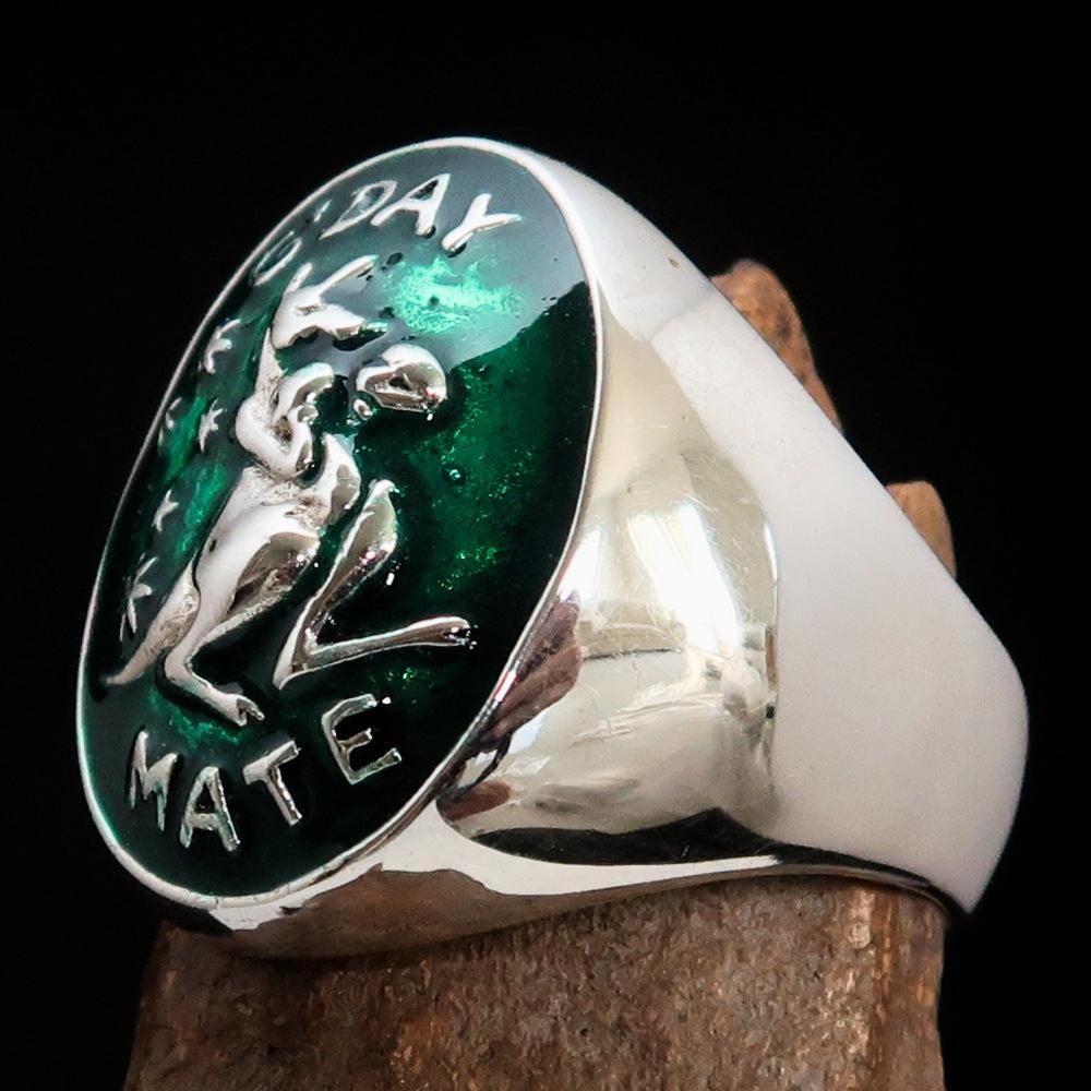 Men's Aussie Ring in Sterling Silver featuring a green boxing Kangaroo design, showcasing intricate craftsmanship and vibrant enamel detailing.