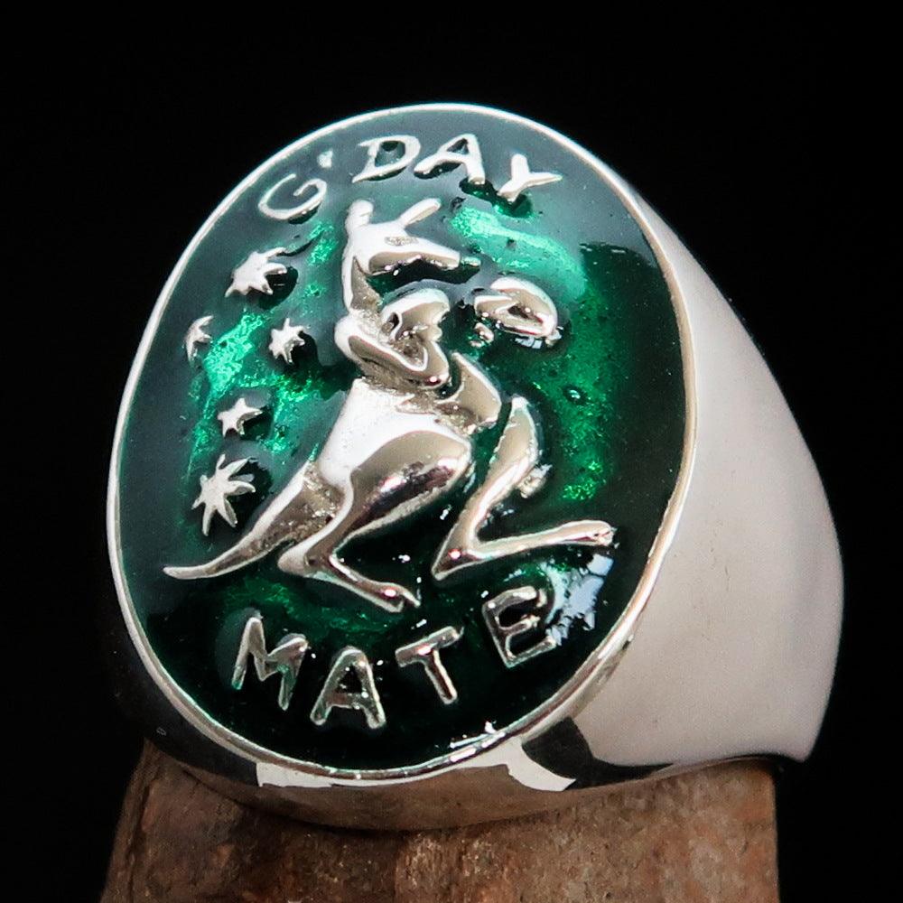 Men's Aussie Ring in Sterling Silver featuring a green boxing Kangaroo design, showcasing intricate craftsmanship and vibrant enamel detailing.