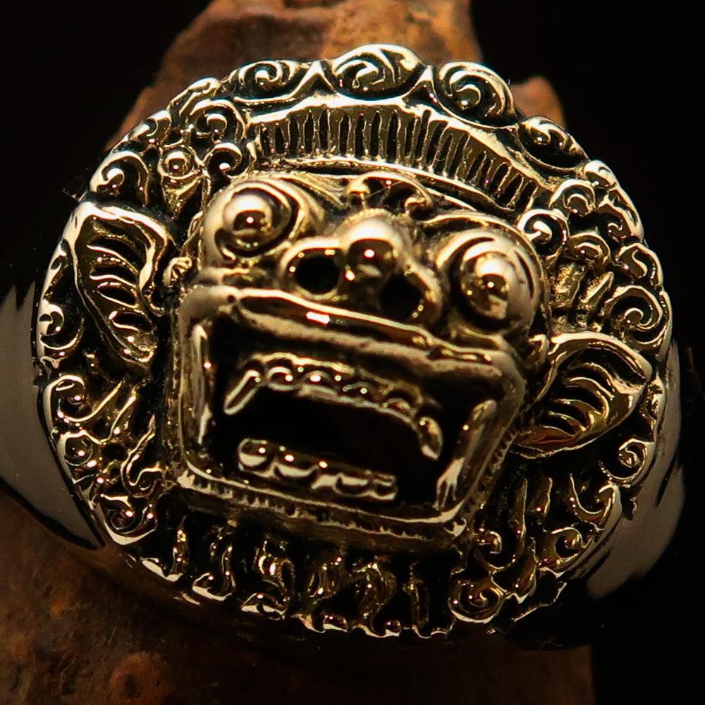 Men's Balinese God Ring made of solid brass with an antiqued and polished finish, featuring intricate Barong design.