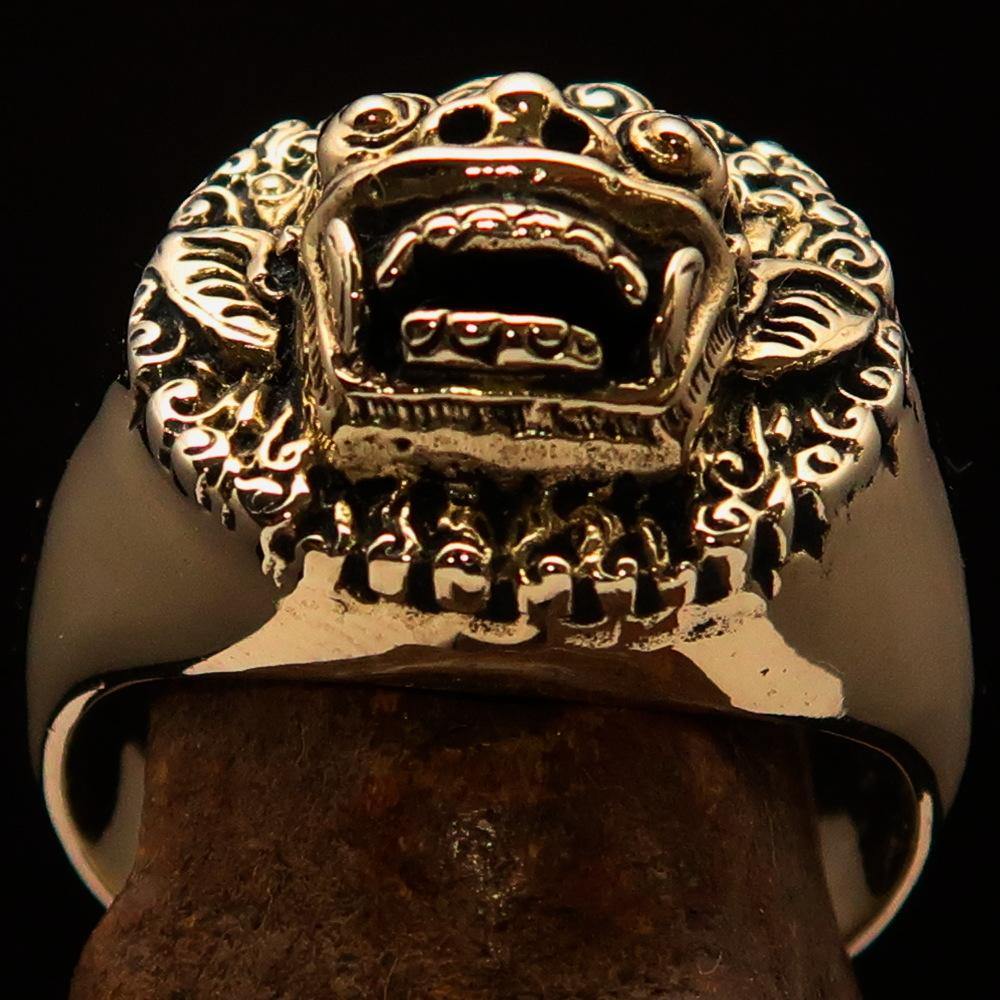 Men's Balinese God Ring made of solid brass with an antiqued and polished finish, featuring intricate Barong design.