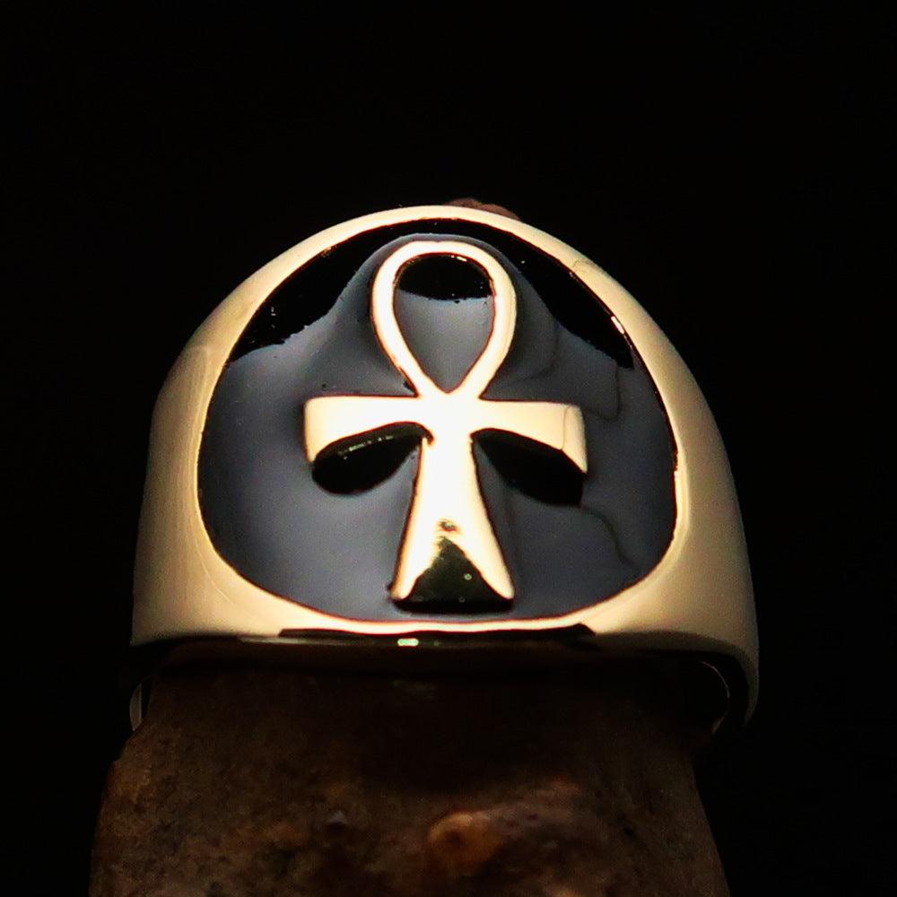 Men's big black Egyptian Ankh Cross Ring made of solid brass with a mirror-polished finish and black enamel.