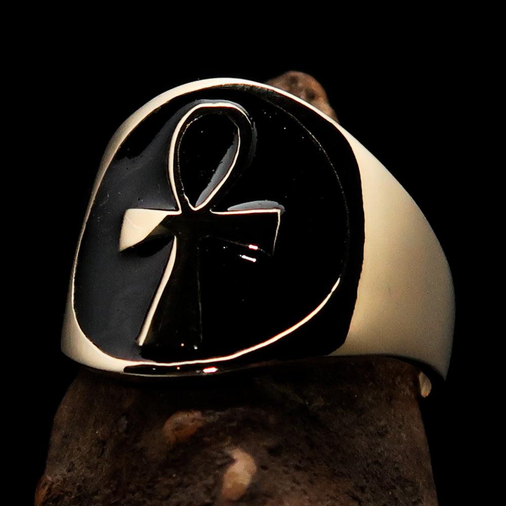 Men's big black Egyptian Ankh Cross Ring made of solid brass with a mirror-polished finish and black enamel.