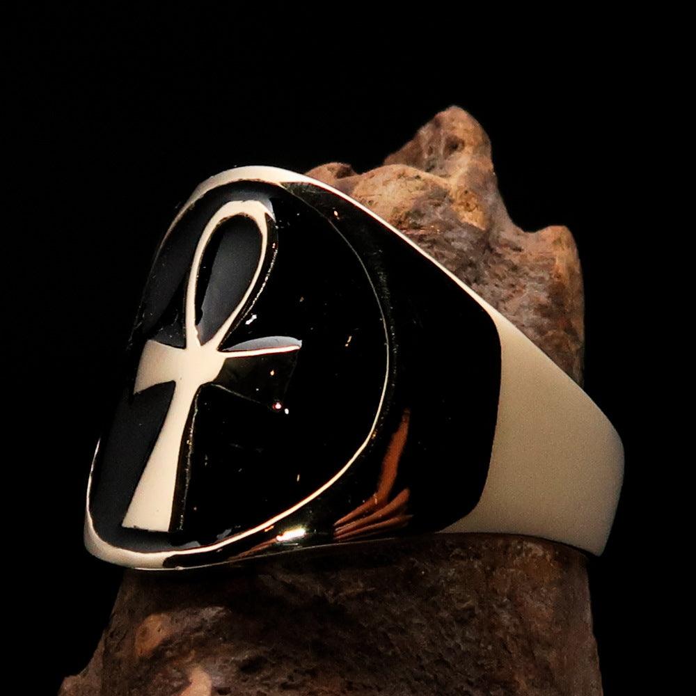 Men's big black Egyptian Ankh Cross Ring made of solid brass with a mirror-polished finish and black enamel.