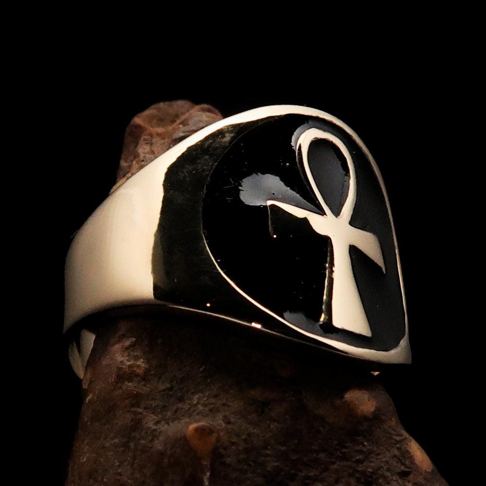 Men's big black Egyptian Ankh Cross Ring made of solid brass with a mirror-polished finish and black enamel.