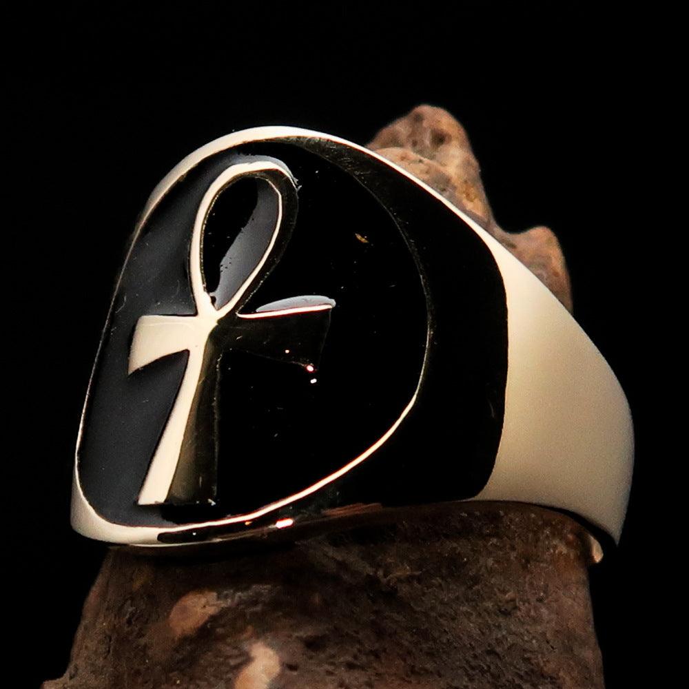 Men's big black Egyptian Ankh Cross Ring made of solid brass with a mirror-polished finish and black enamel.