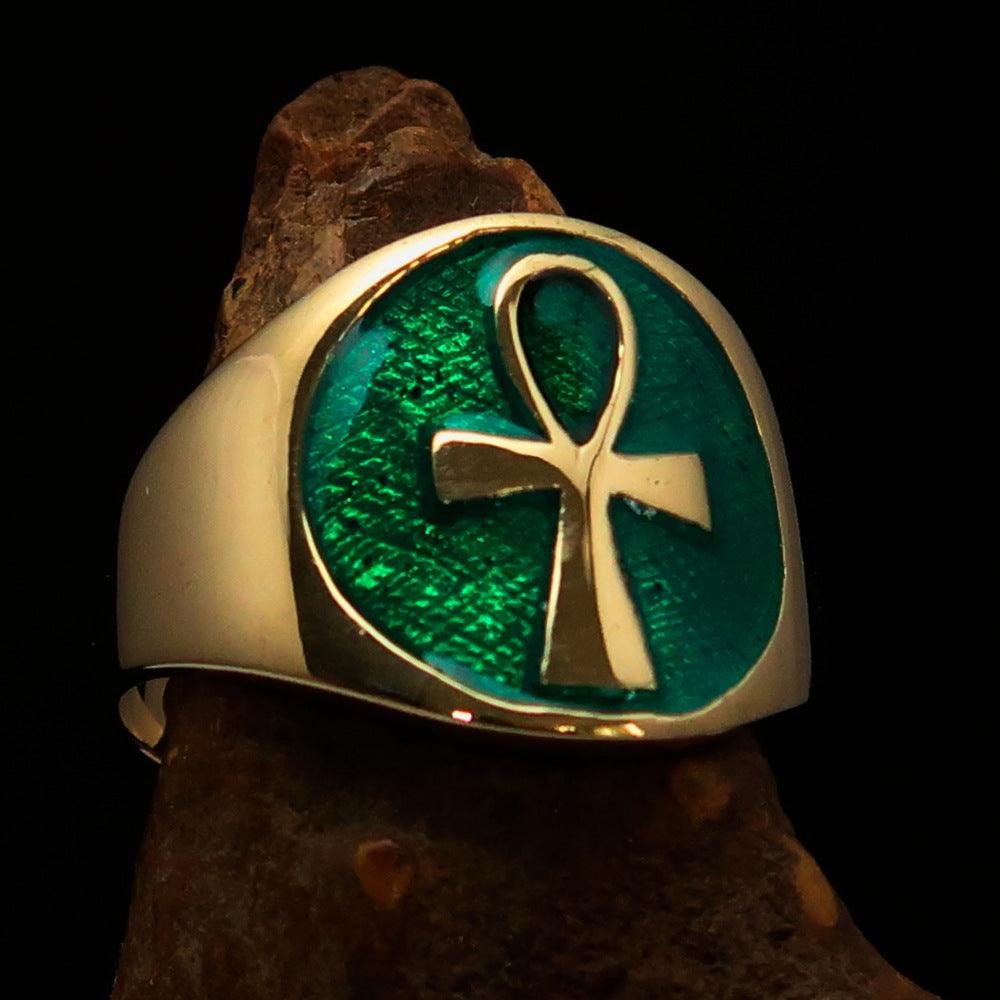 Men's big green Egyptian Ankh Cross Ring made of solid brass with a mirror-polished finish and vibrant green enamel.