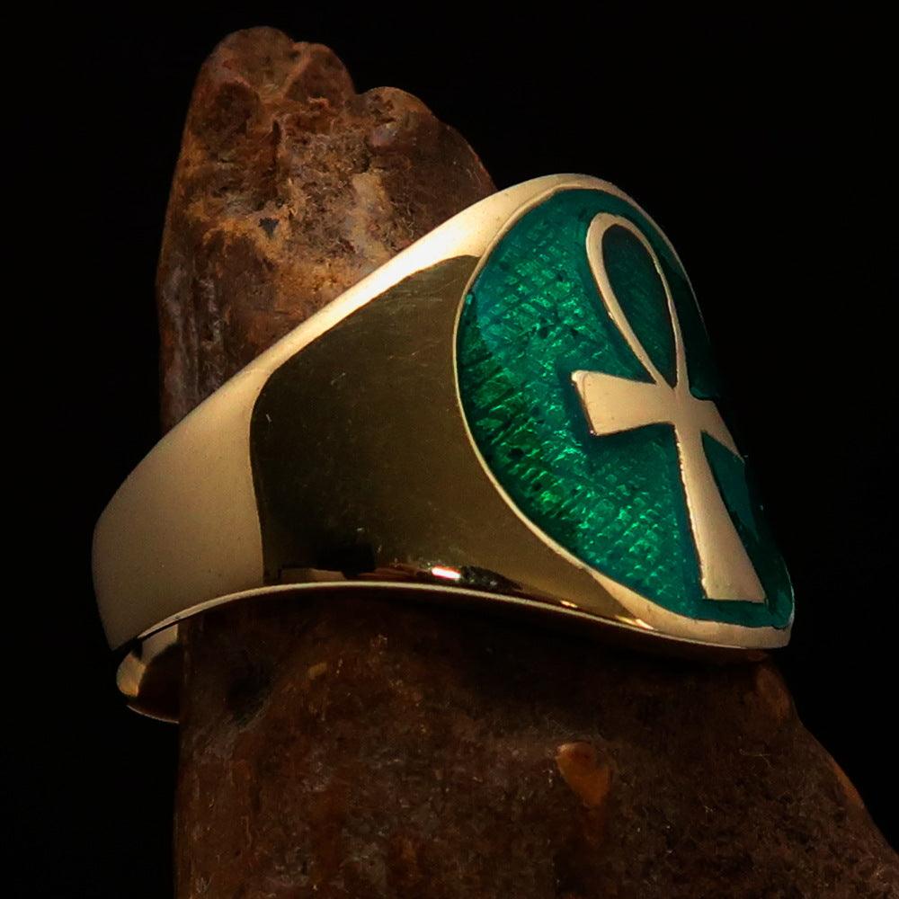 Men's big green Egyptian Ankh Cross Ring made of solid brass with a mirror-polished finish and vibrant green enamel.