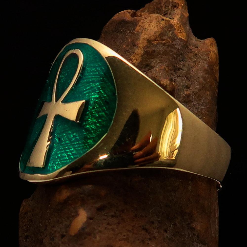 Men's big green Egyptian Ankh Cross Ring made of solid brass with a mirror-polished finish and vibrant green enamel.