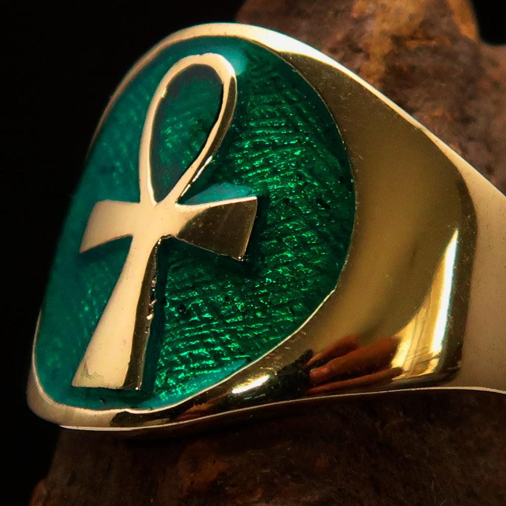 Men's big green Egyptian Ankh Cross Ring made of solid brass with a mirror-polished finish and vibrant green enamel.