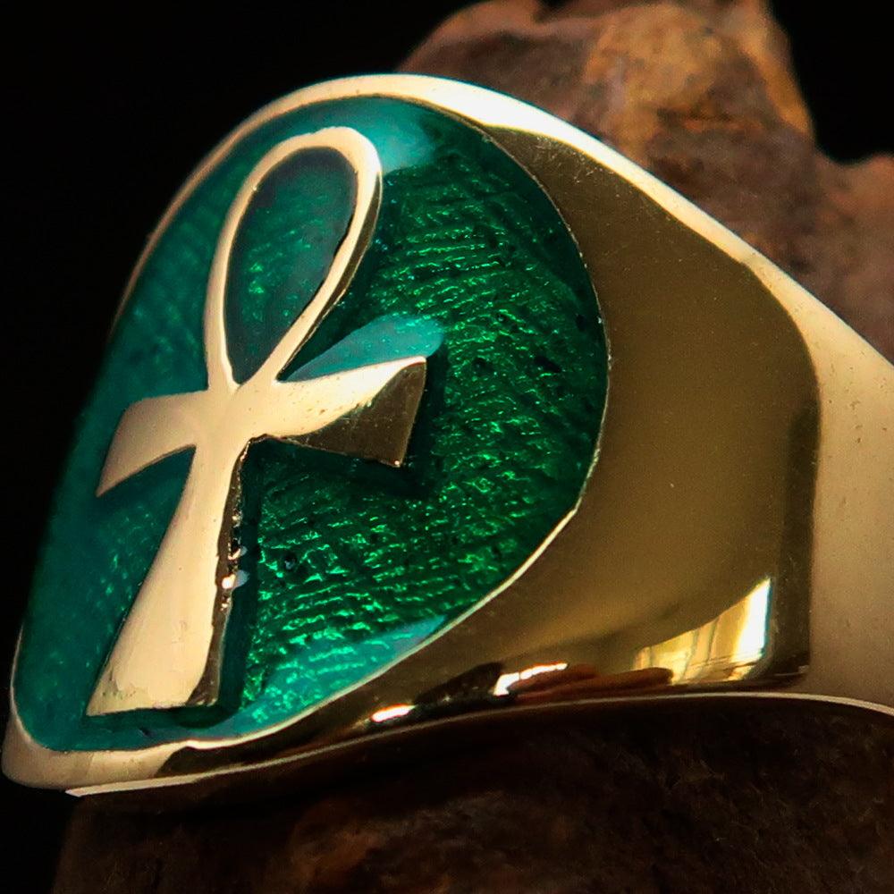 Men's big green Egyptian Ankh Cross Ring made of solid brass with a mirror-polished finish and vibrant green enamel.