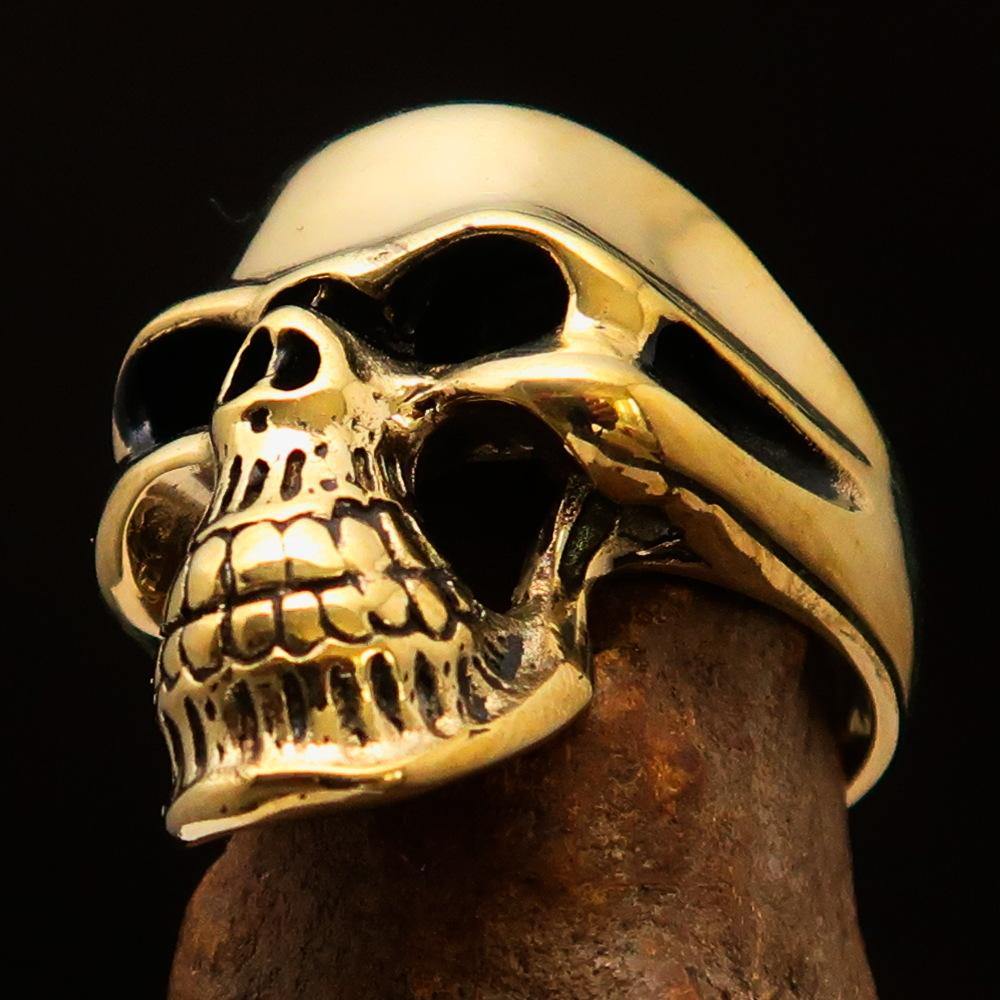 Men's Biker Phantom Skull Ring made of solid brass, featuring a high polished and antiqued finish with a striking skull design.