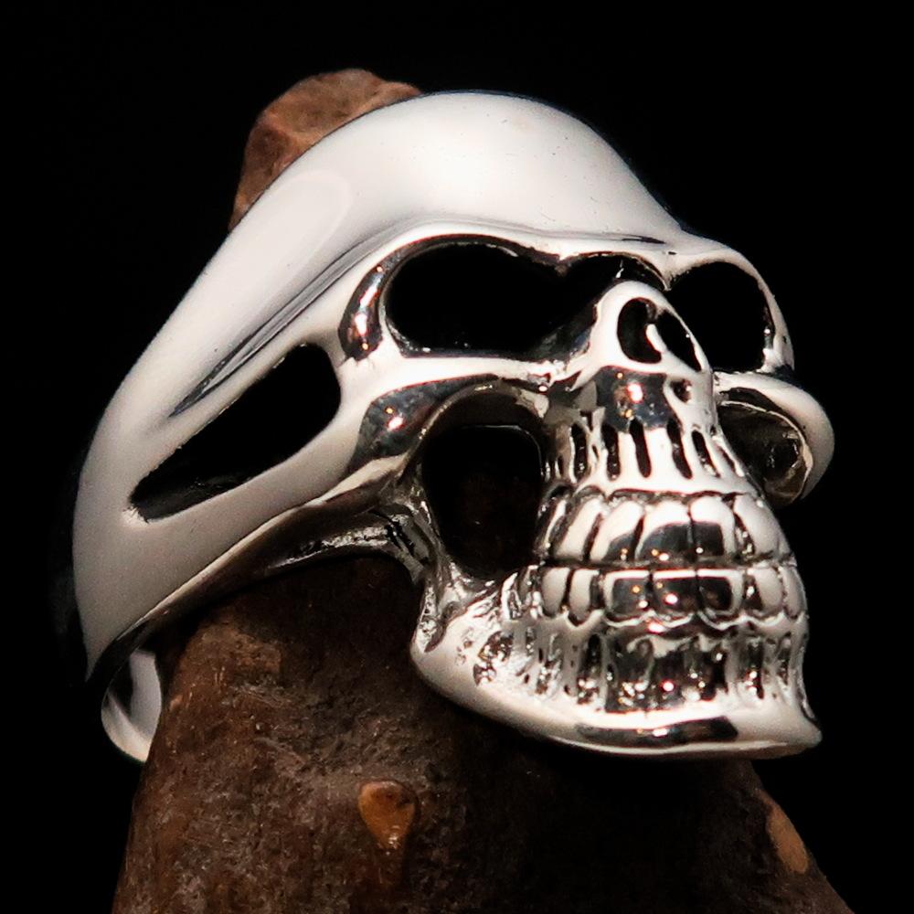 Men's Biker Phantom Skull Ring made of high-quality Sterling Silver 925, featuring a polished and antiqued finish with a unique skull design.