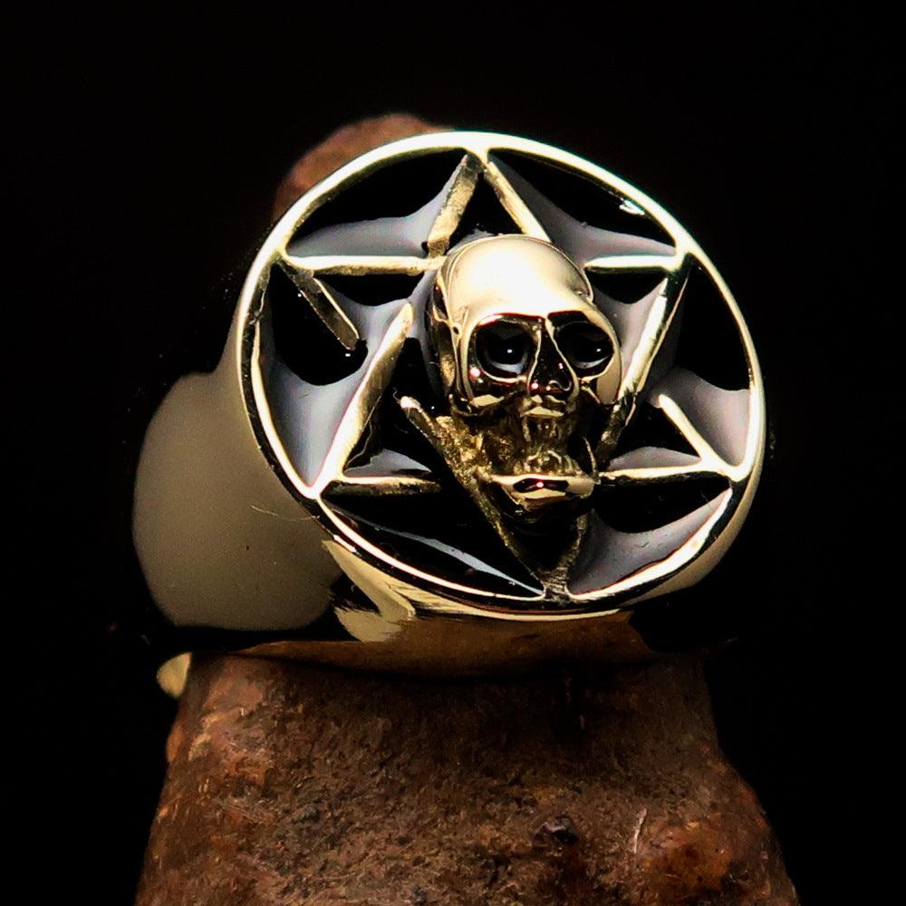 Men's Biker Ring featuring a black Hebrew skull design, crafted from solid brass with a high-polished finish.