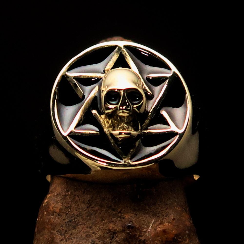 Men's Biker Ring featuring a black Hebrew skull design, crafted from solid brass with a high-polished finish.