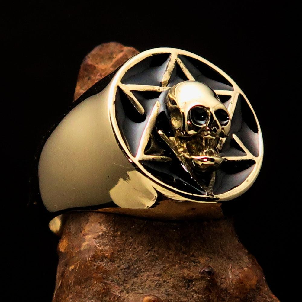 Men's Biker Ring featuring a black Hebrew skull design, crafted from solid brass with a high-polished finish.