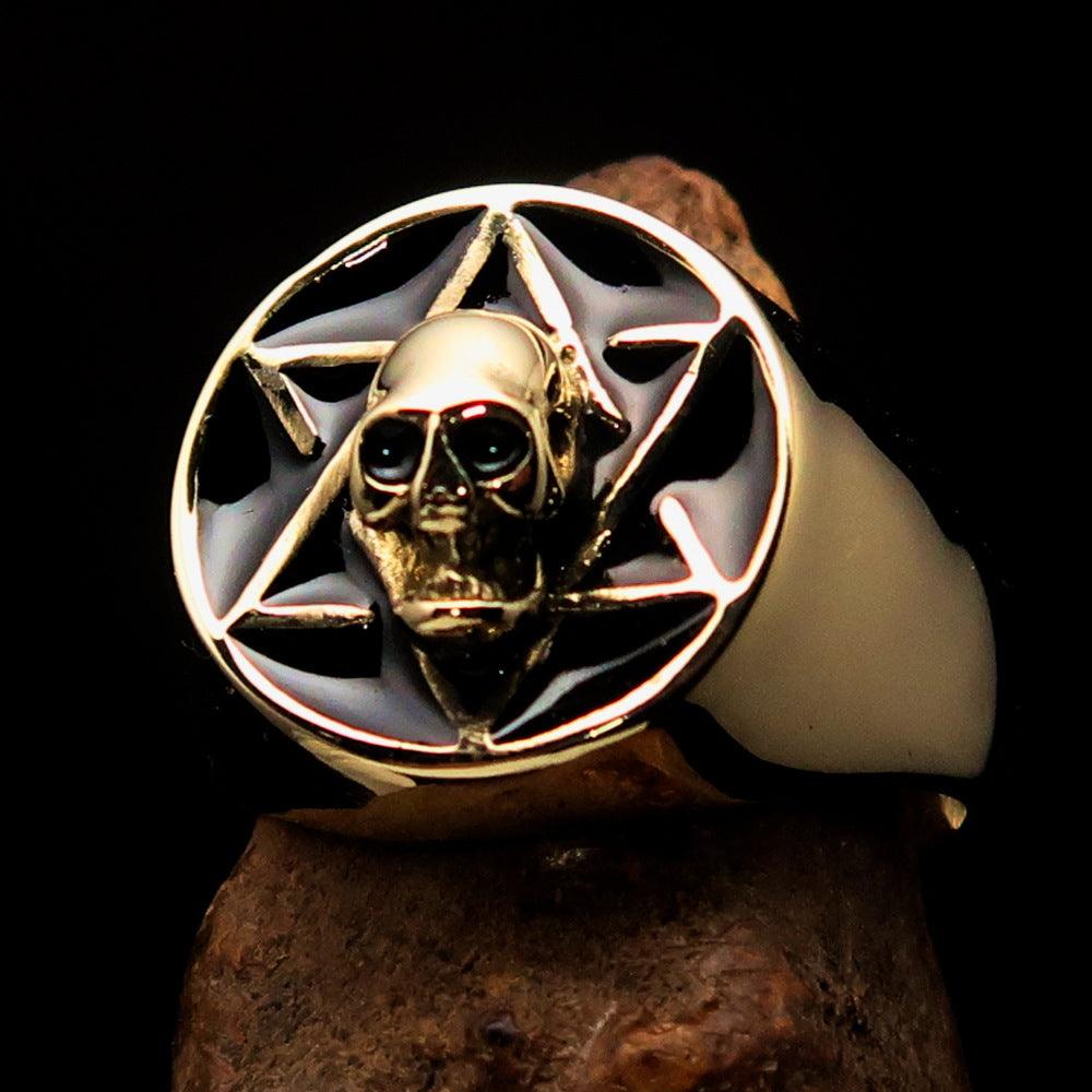 Men's Biker Ring featuring a black Hebrew skull design, crafted from solid brass with a high-polished finish.