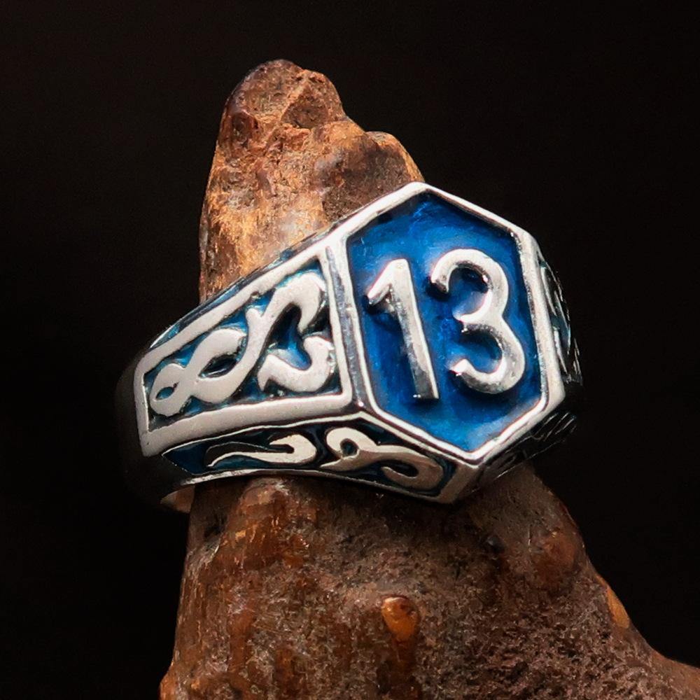 Men's Biker Ring made of solid sterling silver with blue enamel and lucky number 13, showcasing a high polished finish.