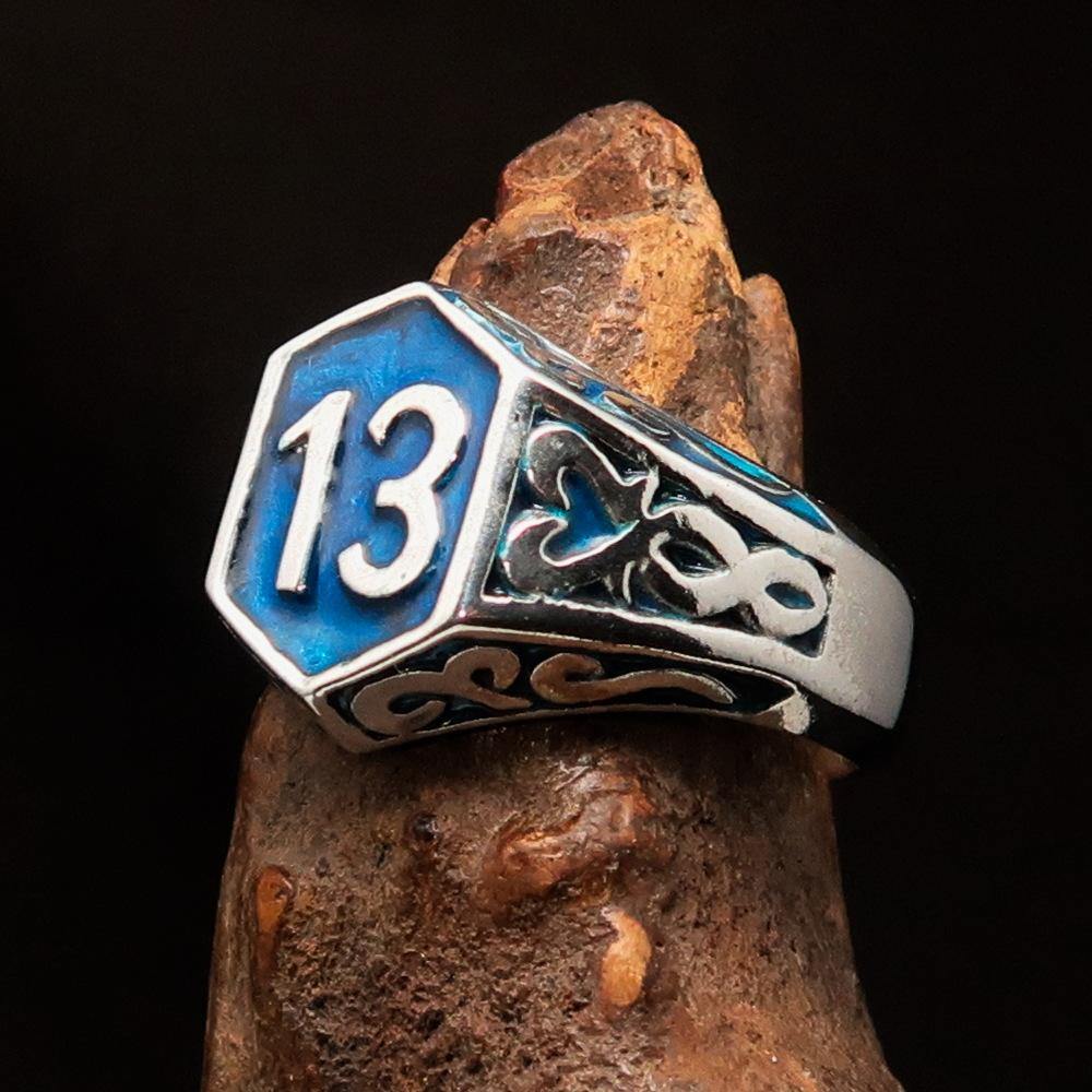 Men's Biker Ring made of solid sterling silver with blue enamel and lucky number 13, showcasing a high polished finish.