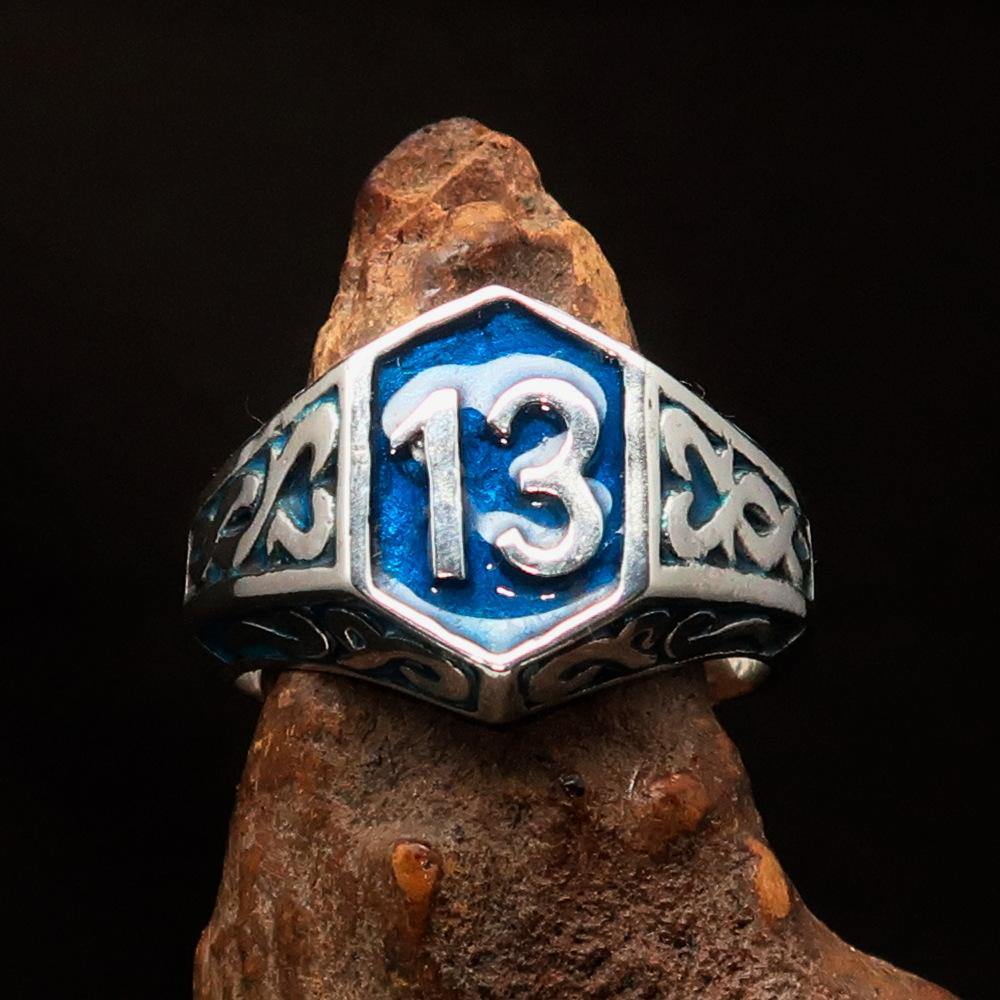 Men's Biker Ring made of solid sterling silver with blue enamel and lucky number 13, showcasing a high polished finish.