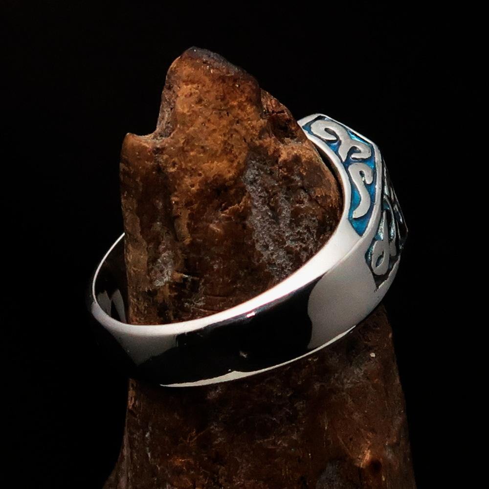 Men's Biker Ring made of solid sterling silver with blue enamel and lucky number 13, showcasing a high polished finish.