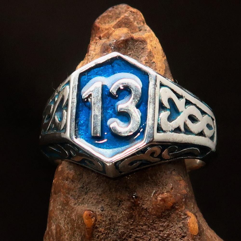 Men's Biker Ring made of solid sterling silver with blue enamel and lucky number 13, showcasing a high polished finish.