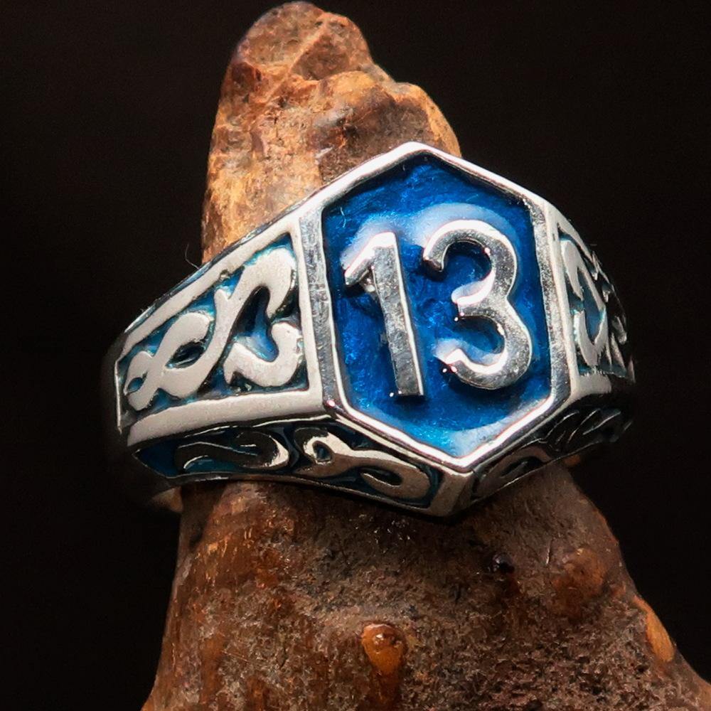 Men's Biker Ring made of solid sterling silver with blue enamel and lucky number 13, showcasing a high polished finish.