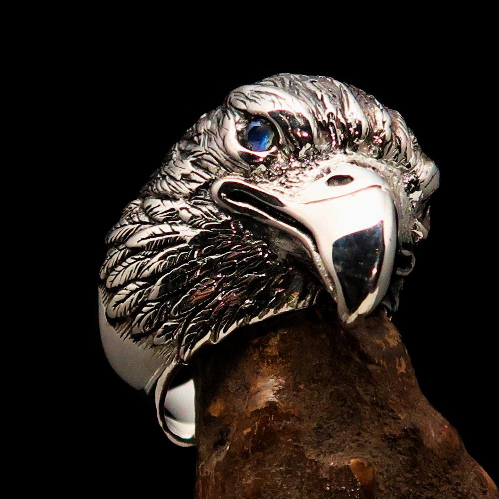 Men's Biker Ring featuring a detailed Eagle Head design with white CZ eyes, crafted from solid Sterling Silver with a polished finish.