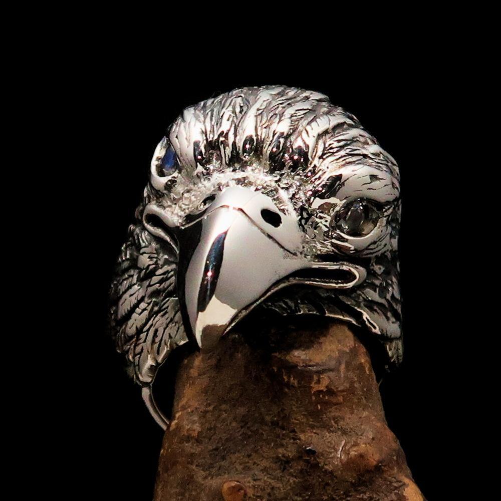 Men's Biker Ring featuring a detailed Eagle Head design with white CZ eyes, crafted from solid Sterling Silver with a polished finish.