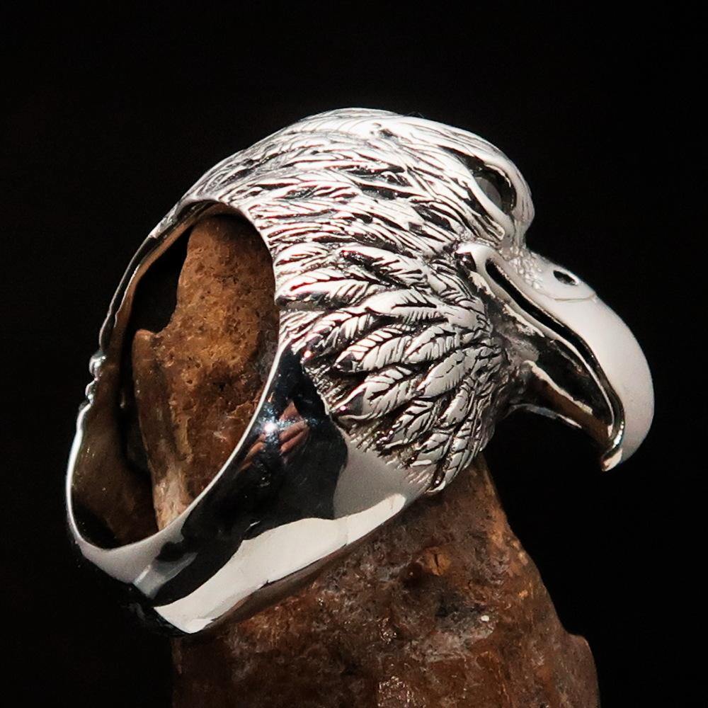 Men's Biker Ring featuring a detailed Eagle Head design with white CZ eyes, crafted from solid Sterling Silver with a polished finish.