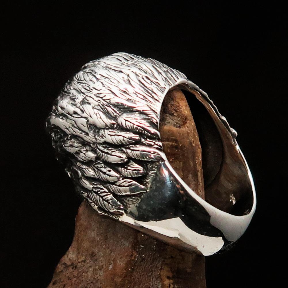 Men's Biker Ring featuring a detailed Eagle Head design with white CZ eyes, crafted from solid Sterling Silver with a polished finish.