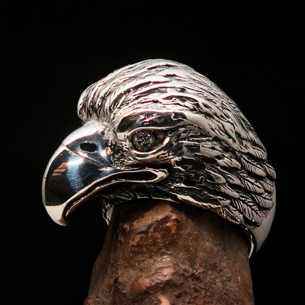 Men's Biker Ring featuring a detailed Eagle Head design with white CZ eyes, crafted from solid Sterling Silver with a polished finish.