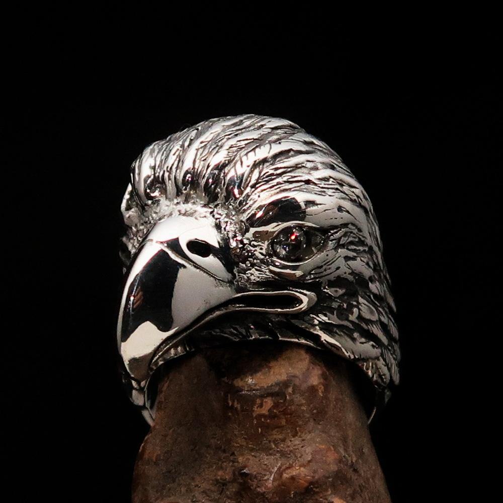 Men's Biker Ring featuring a detailed Eagle Head design with white CZ eyes, crafted from solid Sterling Silver with a polished finish.