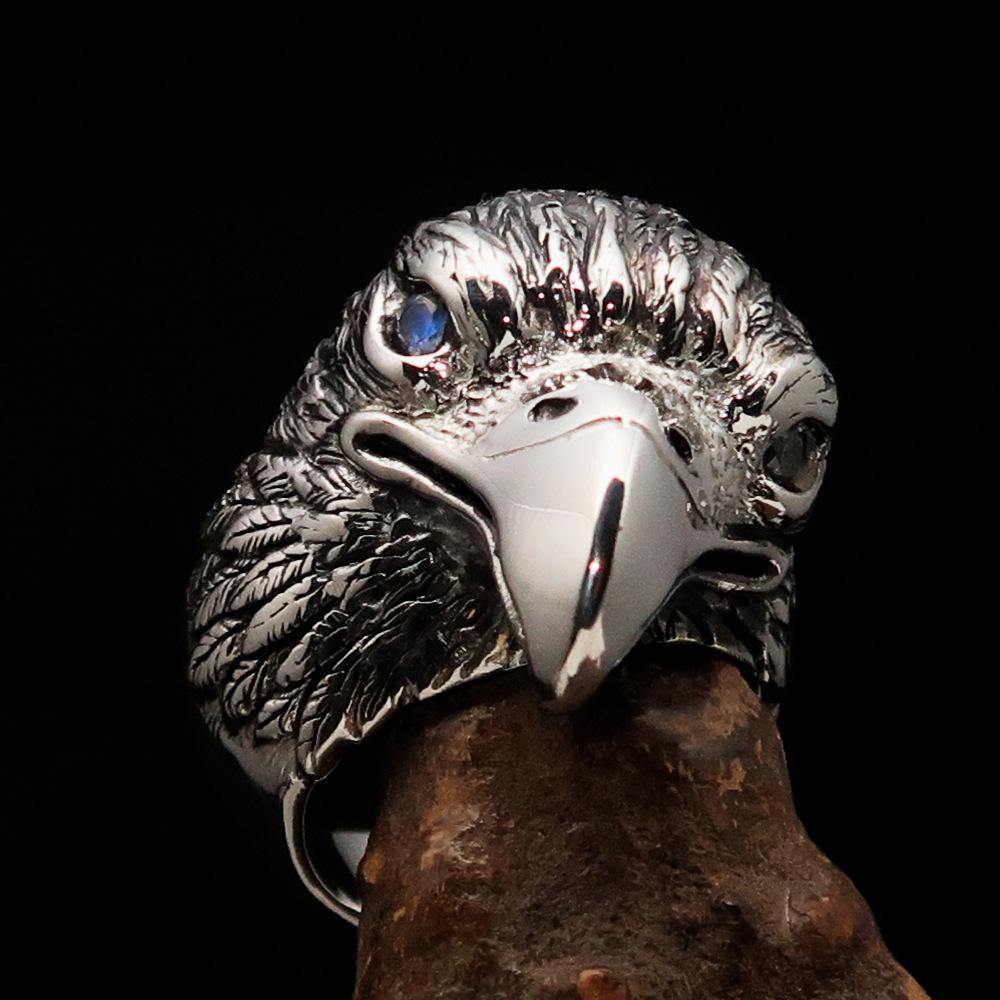 Men's Biker Ring featuring a detailed Eagle Head design with white CZ eyes, crafted from solid Sterling Silver with a polished finish.