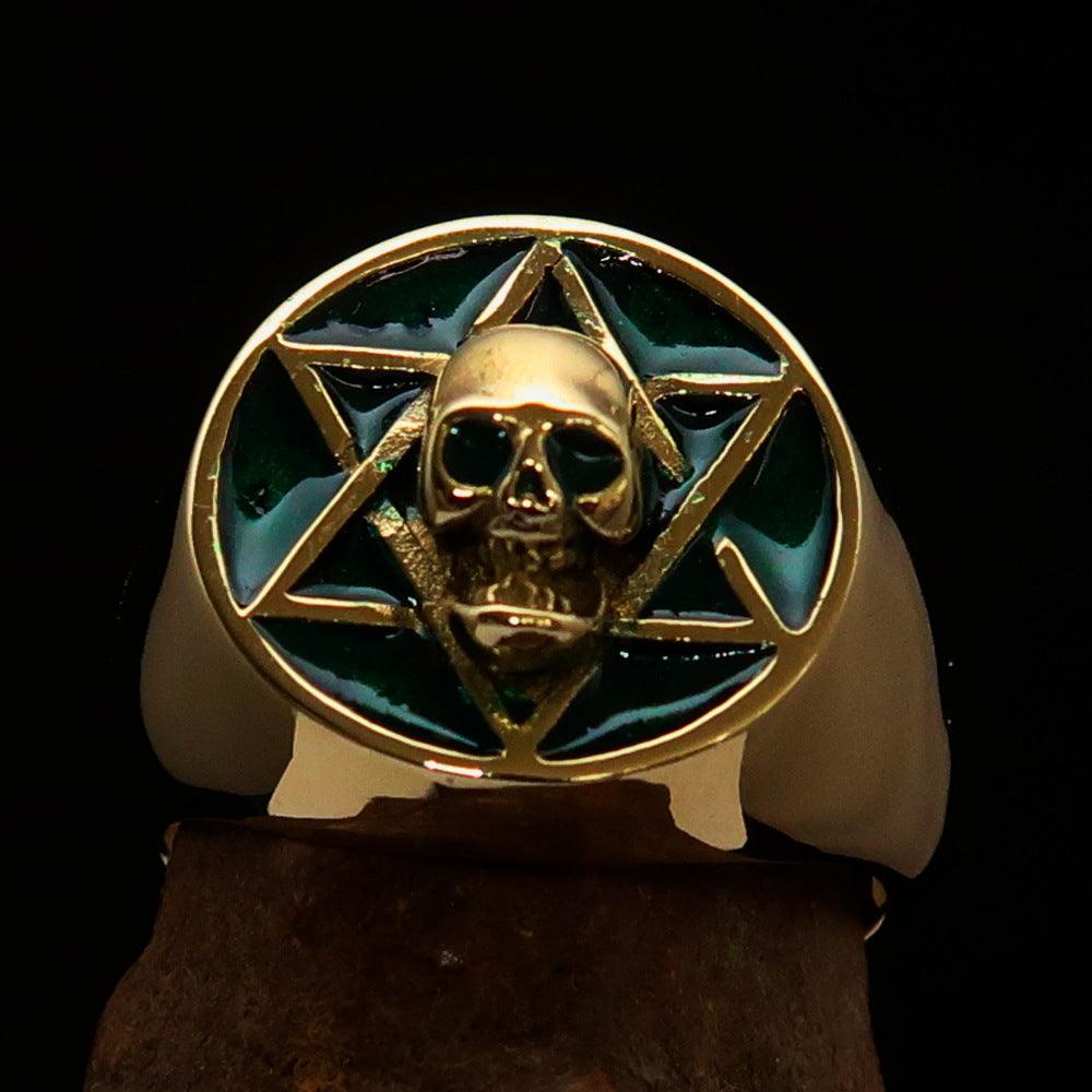 Men's Biker Ring featuring a green Hebrew Skull design, crafted from solid brass with a high polish finish.