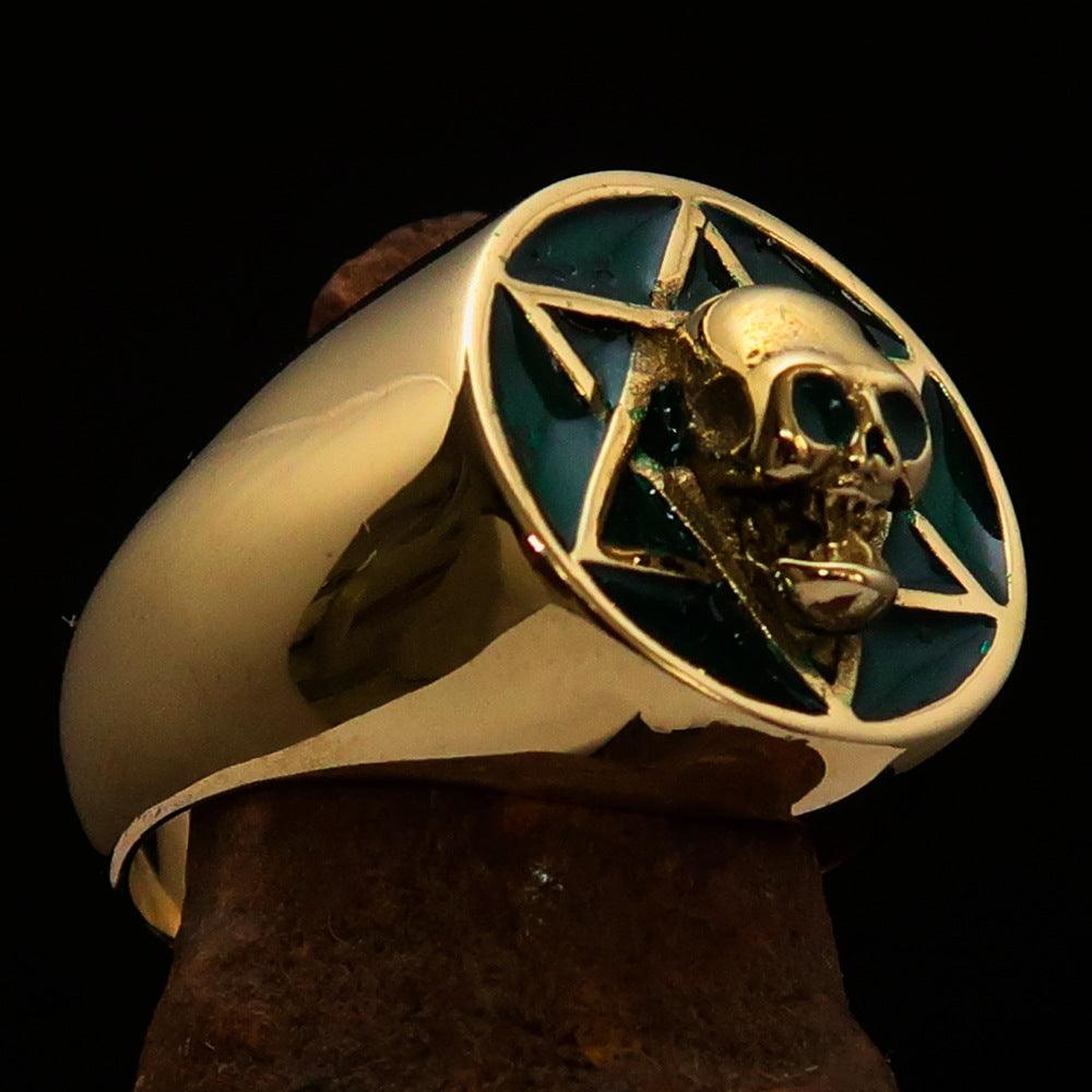 Men's Biker Ring featuring a green Hebrew Skull design, crafted from solid brass with a high polish finish.