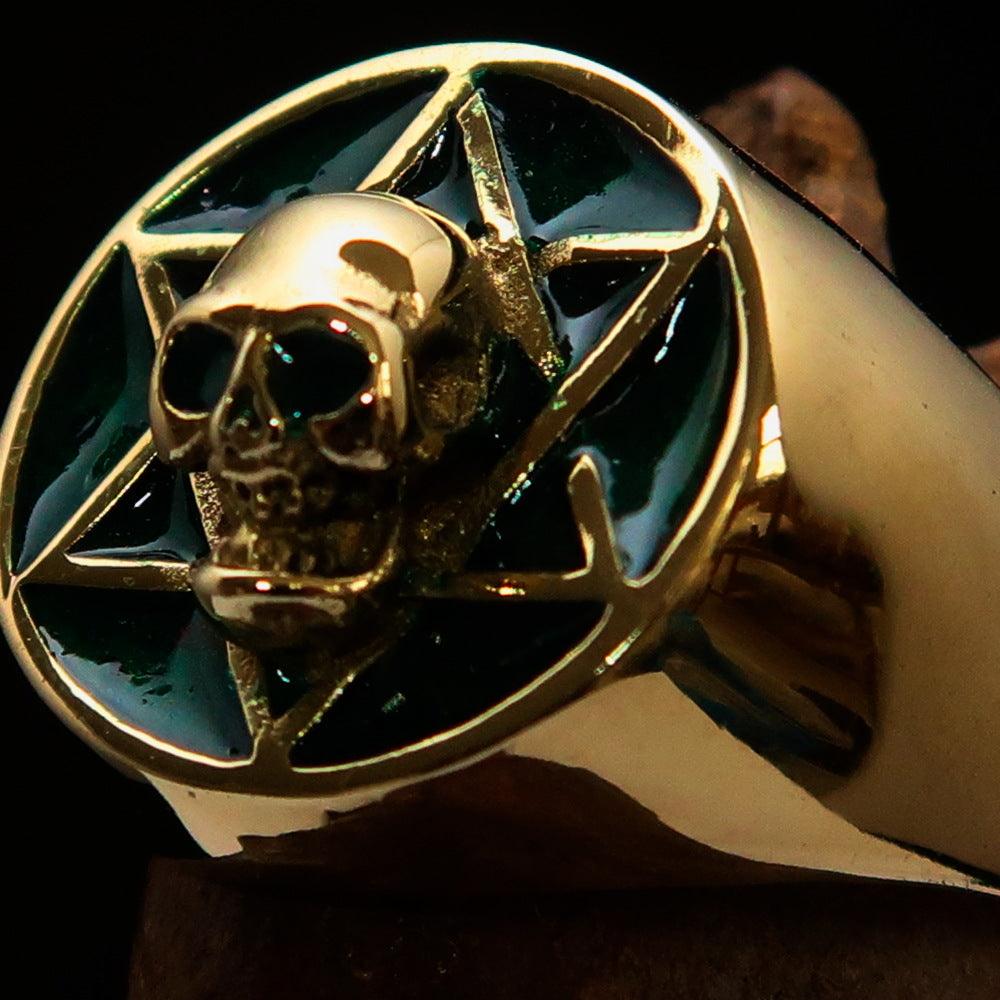 Men's Biker Ring featuring a green Hebrew Skull design, crafted from solid brass with a high polish finish.