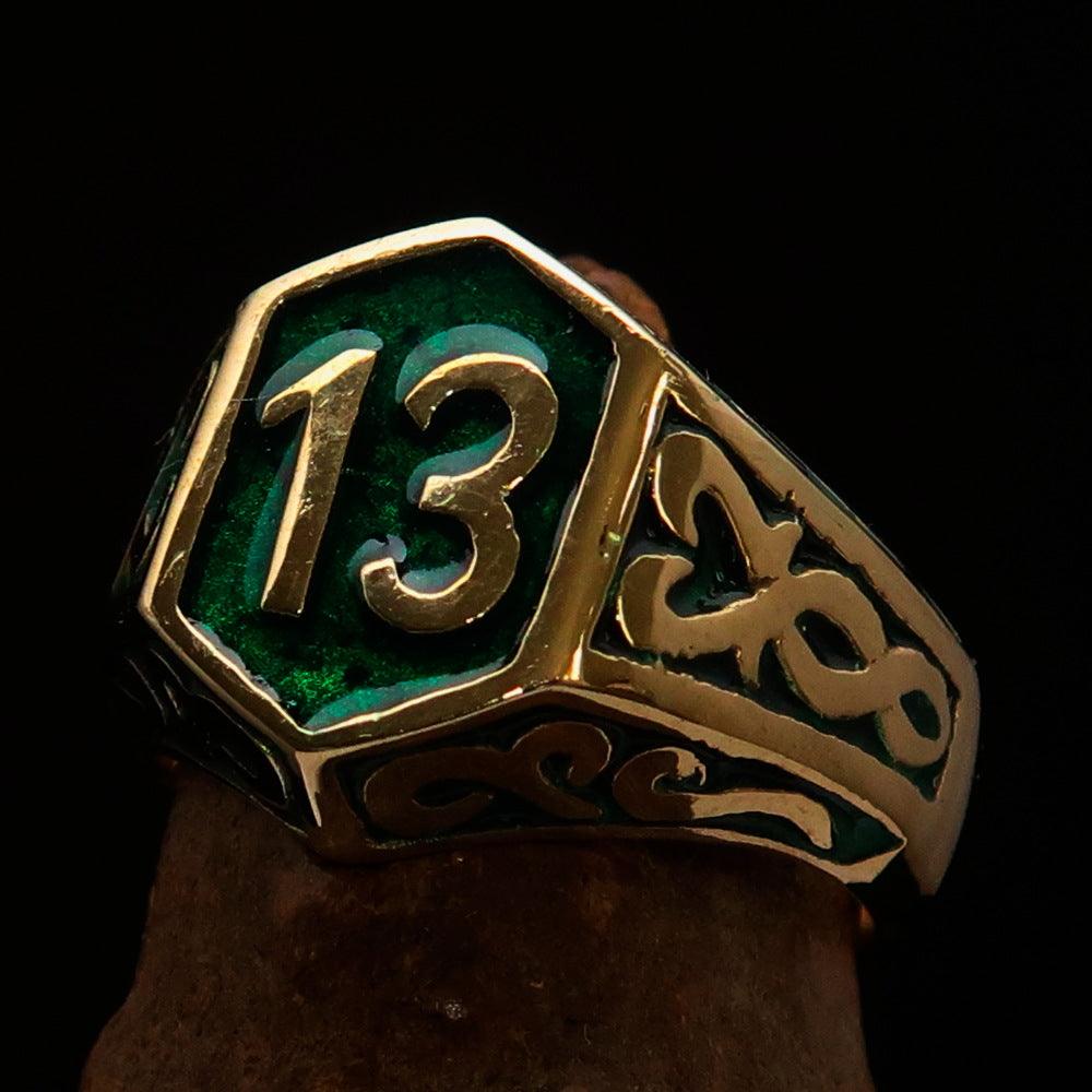 Men's Biker Ring Number 13 made of solid brass with high polish and green enamel finish, showcasing its unique design and craftsmanship.