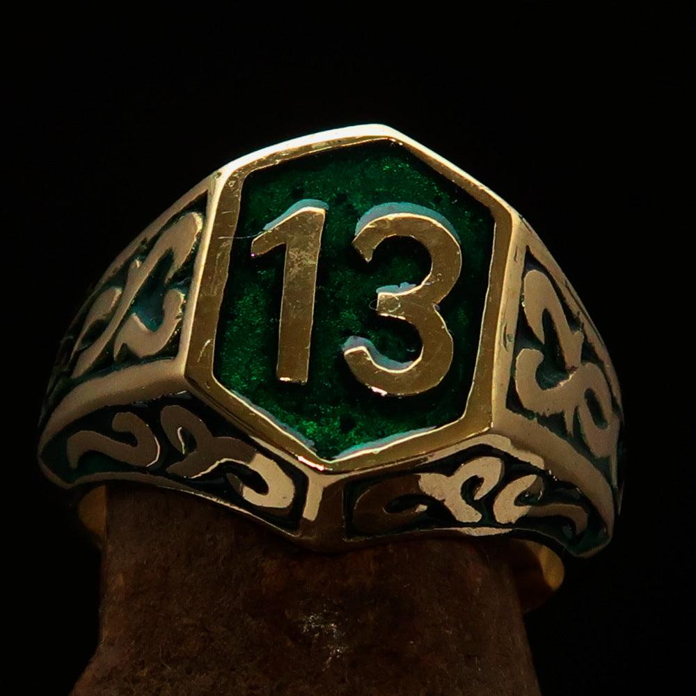 Men's Biker Ring Number 13 made of solid brass with high polish and green enamel finish, showcasing its unique design and craftsmanship.