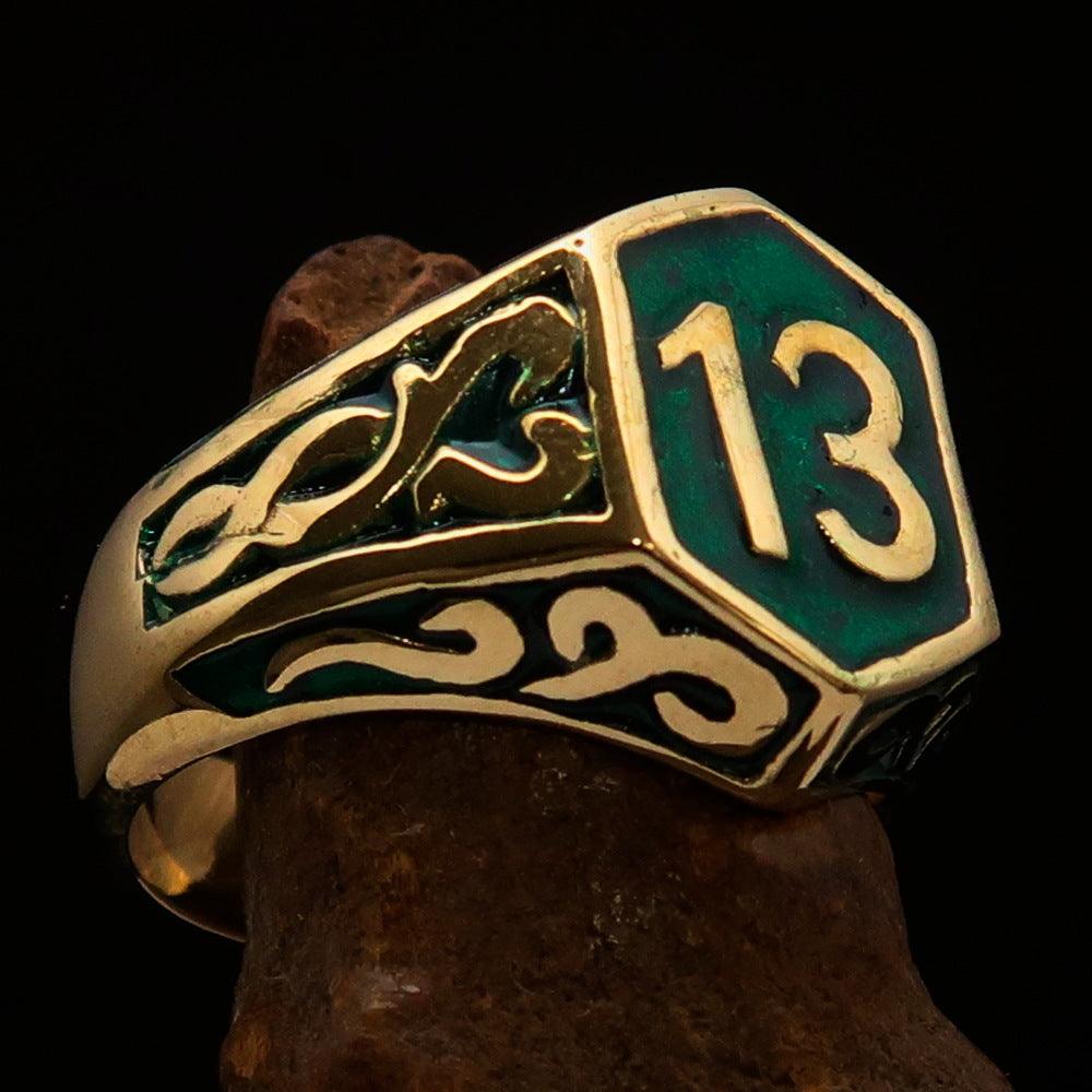 Men's Biker Ring Number 13 made of solid brass with high polish and green enamel finish, showcasing its unique design and craftsmanship.