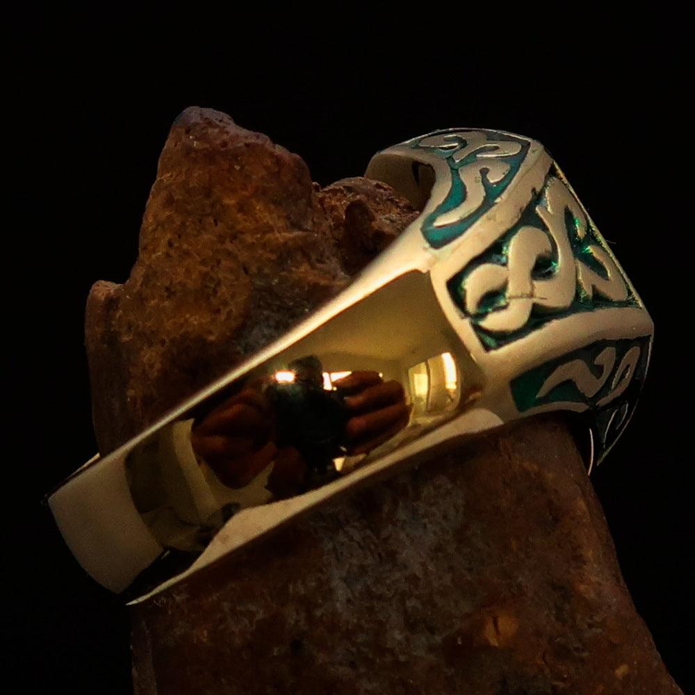 Men's Biker Ring Number 13 made of solid brass with high polish and green enamel finish, showcasing its unique design and craftsmanship.