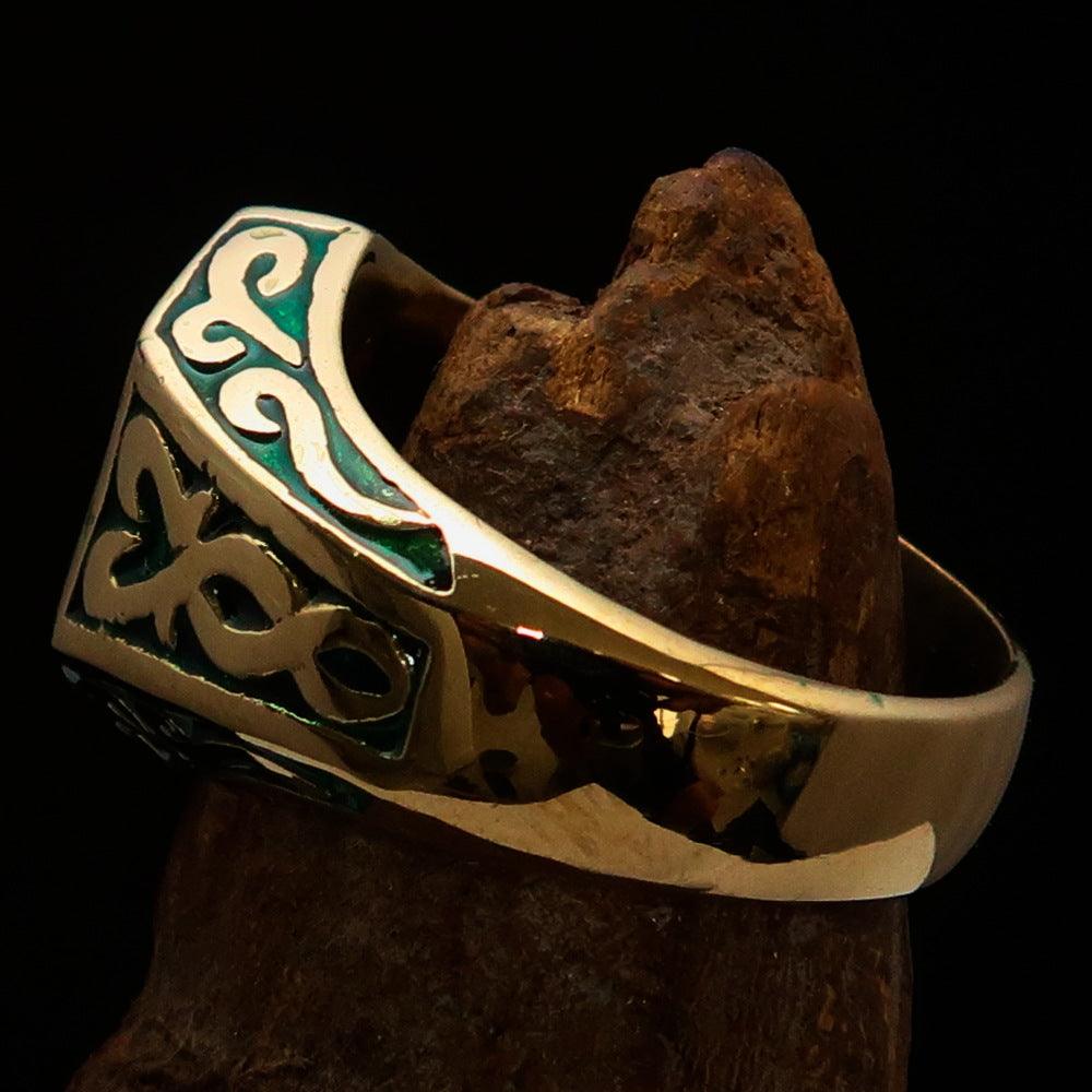 Men's Biker Ring Number 13 made of solid brass with high polish and green enamel finish, showcasing its unique design and craftsmanship.