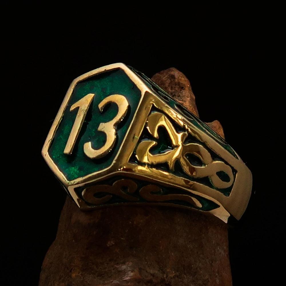 Men's Biker Ring Number 13 made of solid brass with high polish and green enamel finish, showcasing its unique design and craftsmanship.