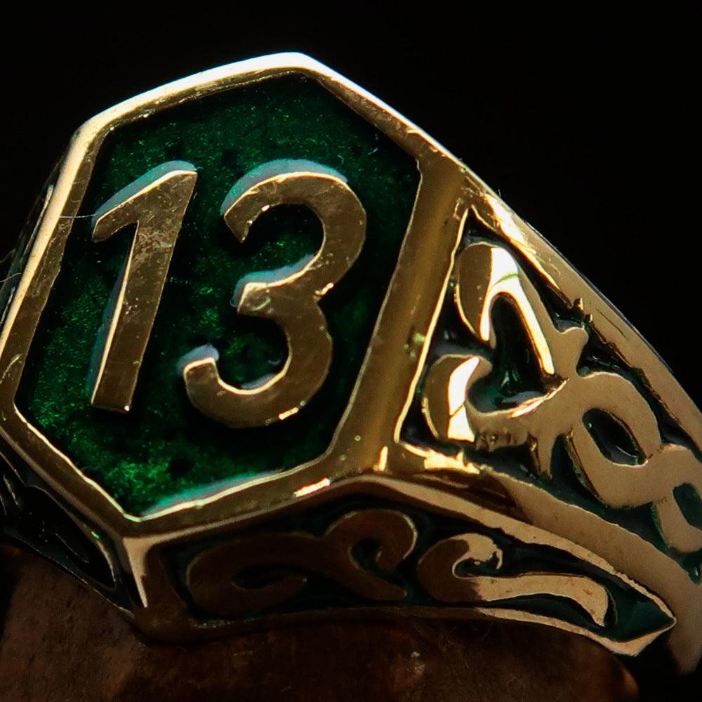 Men's Biker Ring Number 13 made of solid brass with high polish and green enamel finish, showcasing its unique design and craftsmanship.