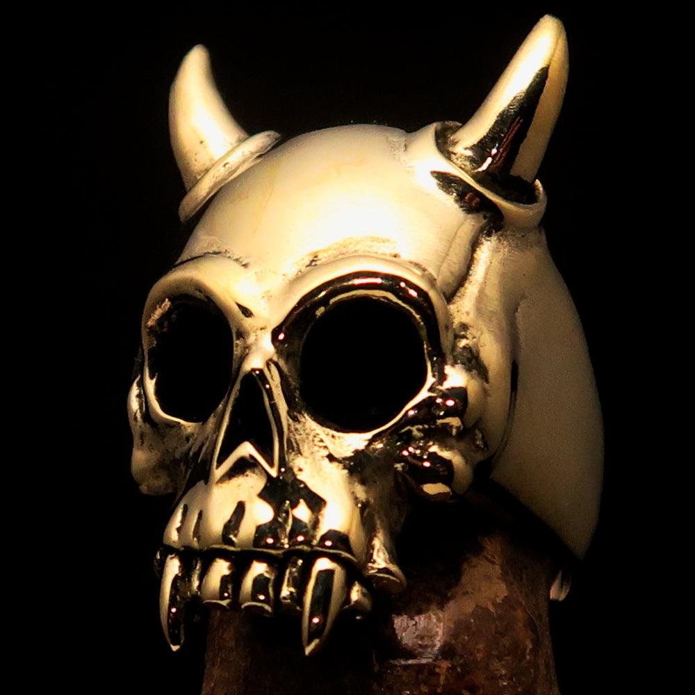 Solid brass Men's Biker Ring featuring a horned Devil Skull design, polished and antiqued finish.