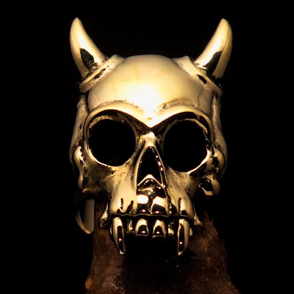 Solid brass Men's Biker Ring featuring a horned Devil Skull design, polished and antiqued finish.