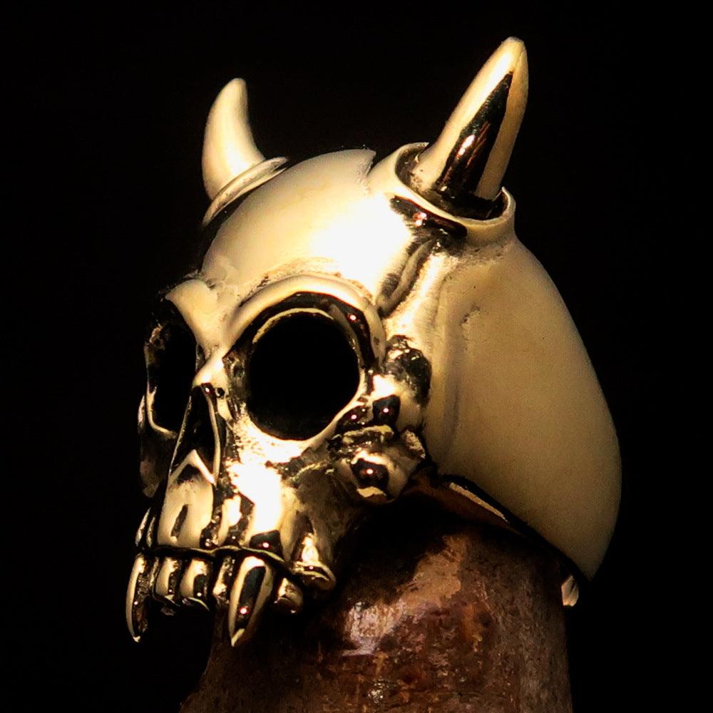 Solid brass Men's Biker Ring featuring a horned Devil Skull design, polished and antiqued finish.