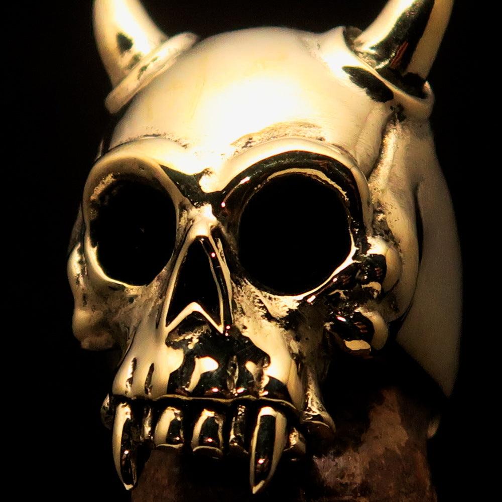 Solid brass Men's Biker Ring featuring a horned Devil Skull design, polished and antiqued finish.